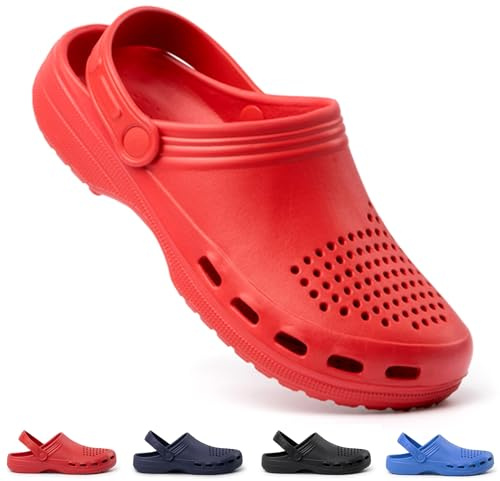 GOKOI Zuecos Unisex de EVA Ultraligeros, Cómodos, Transpirables y Resistentes al Agua, con Tira Ajustable y Ventilación, Ideales para Casa, Jardín, Playa y Uso Diario, 230g, Rojo, Talla 44