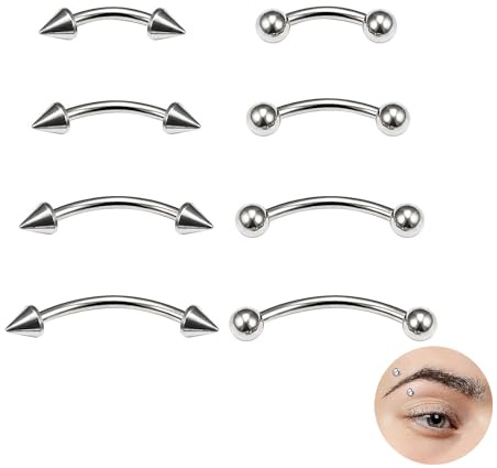 LeeQunQ 8 Piece Eyebrow Piercing Jewellery, Curved Barbell Piercing, Eyebrow Bar, for Eyebrows Lip, 6/8/10/12mm Stainless Steel Set (Black and Silver)