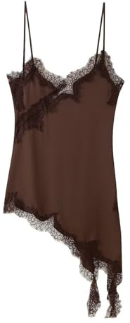 Zanisouta Abito da donna elegante in pizzo, casual, camisole bicolore con imbottitura sul petto, Y2k, bordo in pizzo, canotta crop top con spalline sottili, orlo in seta, per feste, in raso