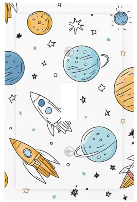 Cartoon Space Planet Single Rocker Light Switch Cover Plate, Universe Rocket Decorative Wall Plate, Easy to Install, Outlet Cover for Home Office Kitchen Apartment