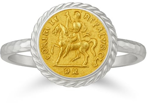 CAPRIXUS Signet Ring 925 Sterling Silver Coin Ring 24K Gold Vermeil Designer Handmade Rings for Women Two Tone Hammered Pinky Ring Turkish Fine Jewelry
