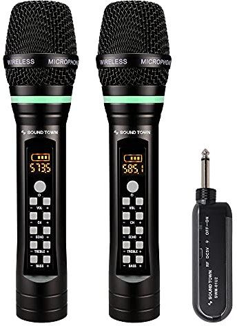 Sound Town 100-Channel UHF Rechargeable Wireless Handheld Microphone System with Built-in Effects, 1/4 Mini Portable Receiver for Karaoke, Events, Church, Meetings (SWM01-U2HH)