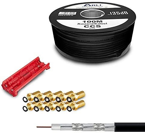 ARLI 100m Koaxialkabel Schwarz – max. 135 dB 5-fach geschirmt UV-beständig + Abisoliermesser & 10x F-Stecker vergoldet für DVB-S DVB-T2 4K HDTV