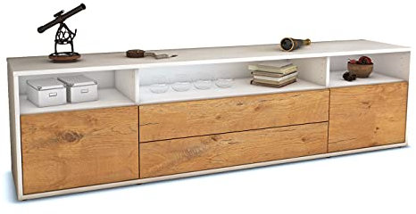 Stil.Zeit TV Schrank Lowboard, Andrew, Korpus Weiss matt, Front Holz-Design Eiche, (180x49x35cm), Push to Open Technik & Leichtlaufschienen