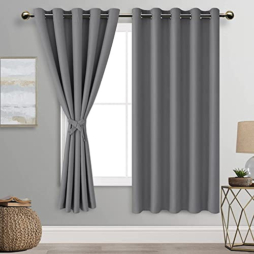 DWCN Grey Blackout Curtains with Tiebacks for Bedroom Thermal Insulated Solid Eyelet Curtains for Living Room,2 Panels,66 Wide x 72 Drop
