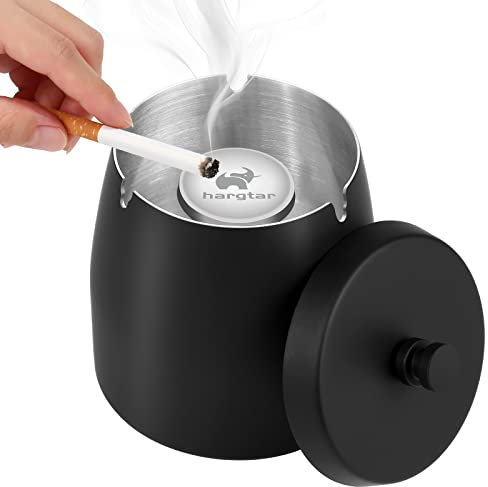 Outdoor Ashtray with Lid, Ashtrays for Cigarettes Outdoor, Ash Tray Sets for Cigarettes for Patio, Stainless Steel Windproof Ashtrays Covered Metal, Black Ashtray, Small
