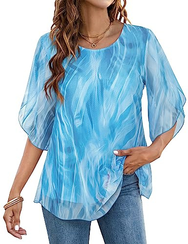 Timuspo Tunica da donna in chiffon casual con collo rotondo taglie grandi a mezza manica blusa top estiva vestibilità ampia, Blu, XL