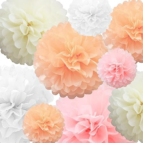 Seidenpapier-Pom-Poms, Papierblumen, 22 Stück, rosa, pfirsichfarben, weiß, cremefarben, Papierblumenball für Geburtstag, Junggesellenabschied, Hochzeit, Baby, Brautparty, Party-Dekoration von SZHUIHER