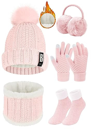 Voqeen Juego de 5 Piezas de Gorro y Bufanda de Punto Guantes de Pantalla táctil Guantes Orejeras de Felpa de Invierno Calcetines térmicos para Gorro de esquí Deportes al Aire Libre (Rosa)