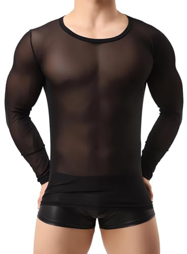 SAMHENG Men's Long Sleeve Tops Round Neck See Through Sheer Mesh Undershirt