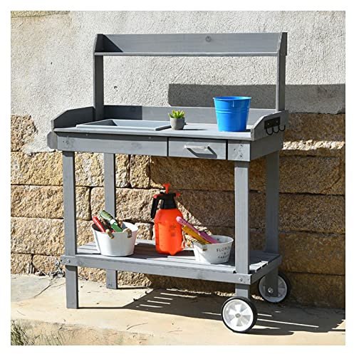 Erhöhter Pflanzkasten mit Rädern, Pflanztisch für den Außenbereich, mit Schublade/verstellbarem Regal/abnehmbarem Waschbecken/Haken