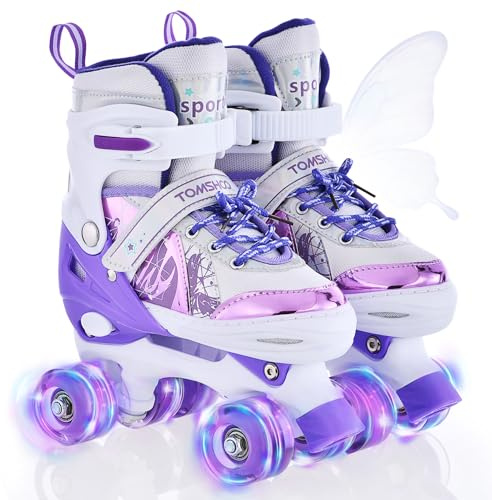 TOMSHOO Kids Roller Skates for Girls Boys With Light Up Wheels | 4 Sizes Adjustable Quad Skates, Roller Boots for Indoor Outdoor Birthday Gift