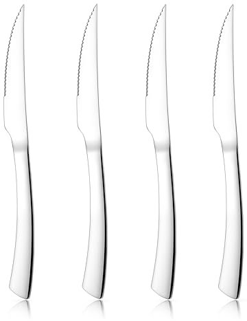 Herogo Steak Knives Set of 4, Stainless Steel Steak Knife Set with Serrated Edge, Dinner Table Kitchen Knife with Ergonomic Handle, Mirror Polished, Rust Resistant & Dishwasher Safe