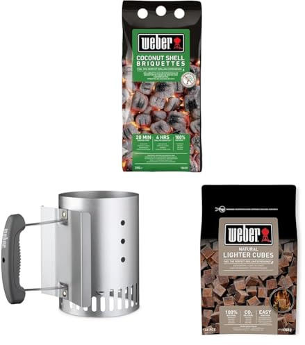 Weber Carbón de cáscaras de Coco, 2kg, 18450 + Weber 7447, Chimenea de Encendido Compacta Rapidfire, a Carbón, de Aluminio, Metálico + Weber 17612, Bolsa de 48 Pastillas de Encendido Marrón