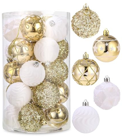 SOBEAU 25 Pièces Boules de Noël, 6cm Decoration Sapin de Noel en Plastique, de Boules de Noël Suspension pour Décoration, Brillantes Boule Sapin de Noël pour fêtes Anniversaire（Blanc et Or）