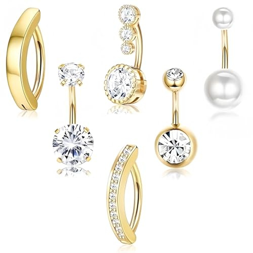 CocCCoon 6PCS Belly Button Rings Gold Reverse Curved Navel Bars Clicker Belly Button Rings for Women Girls
