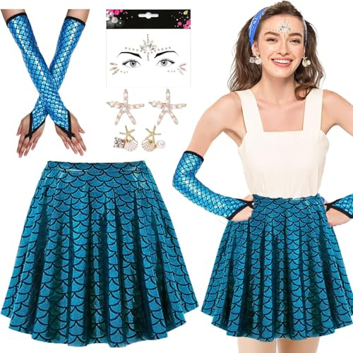 Costume Sirenetta Donna Bambina,Gonna a Squame di Pesce Lucida,Fermagli per Capelli a Stella Marina,Guanti da sirena,Orecchini a conchiglia,Adesivi Faccia Strass,per Compleanno Cosplay Carnevale (M)