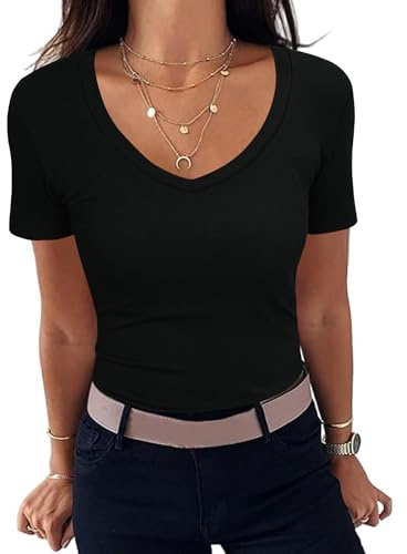 Aottori Camiseta Manga Corta Mujer Cuello en V Elástico | Básico, Verano, Elegante, de Punto, Blusa, Ligero, Sólido, Casual, Túnica, Top