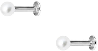 DENI Set di 2 piercing labret tragus con sfera di perle sintetiche da 3 mm, asta lunga 8 mm, spessore standard 1,2 mm, larghezza 8 mm, argento, senza pietra preziosa