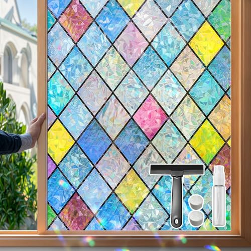 Mgood Regnbågsfolie Fönsterfilm, Fönsterfolie, Blickdicht, Diamantmönster, Insynsskydd, Fönster, Färgat Glas, Anti UV, Statisk, Häftande, Mjölkglasfolie För Hem, Kontor, 90 x 200 cm