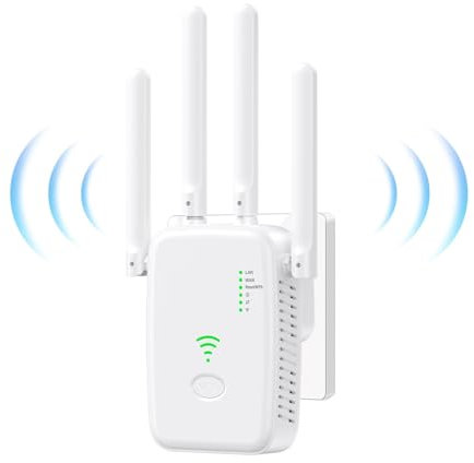 2025 Nuevo Repetidor WiFi, Amplificador Extensor WiFi con 2 Puertos ethernet, 4 Antenas, Modo Repetidor/Router/Ap, Extensor WiFi para Casa/Oficina, fácil instalación acción
