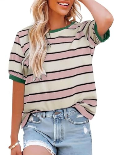 Cuptacc T Shirt Femme La Maison Manches Courtes Col Rond Décontracté T-Shirt Légère Doux Estivales À Rayure Basique Grande Taille Top Femme Beige Rose S