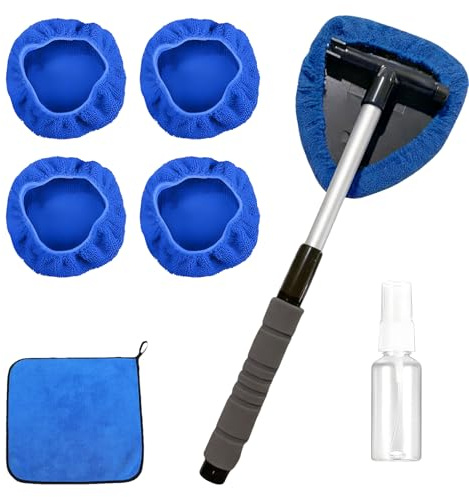 7Pcs Car Windscreen Cleaner, Extendable Long Handle Windscreen Cleaner Tool | Cleaning Kit with 5 Reusable Microfiber Pads, for Car Windshield Fog Moisture Removal