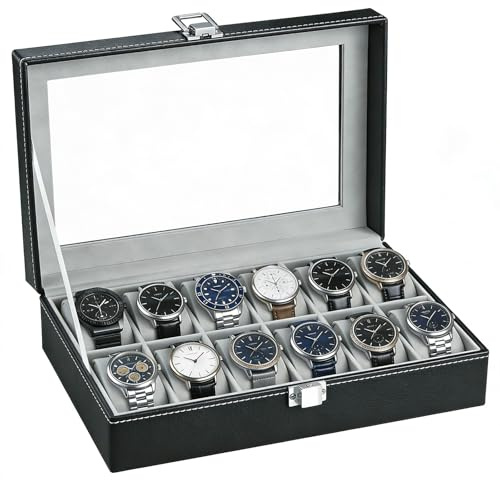 RDDAIPE Porta Orologi a 12 Posti, Porta Orologi Uomo Donna, Scatola Orologi con Coperchio in Vetro, PU Portaorologi, Cuscini Rimovibili, Idea Regalo Portagioie Uomo Organizer per Orologi, Grigi