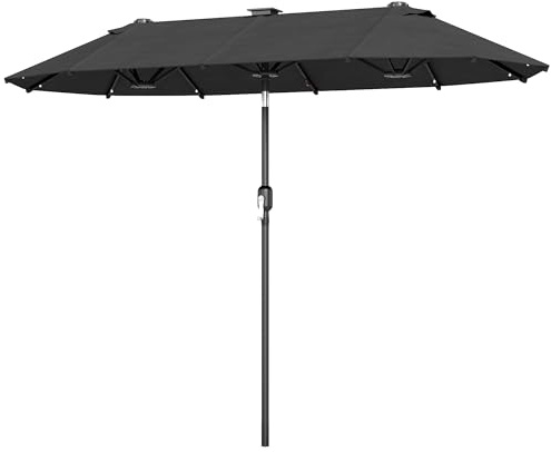 Outsunny Parasol de jardin double 3 x 1,5 m avec éclairage solaire, parasol de jardin extérieur avec inclinaison par bouton-poussoir, manivelle et 2 aérations, pour patio, terrasse, gris