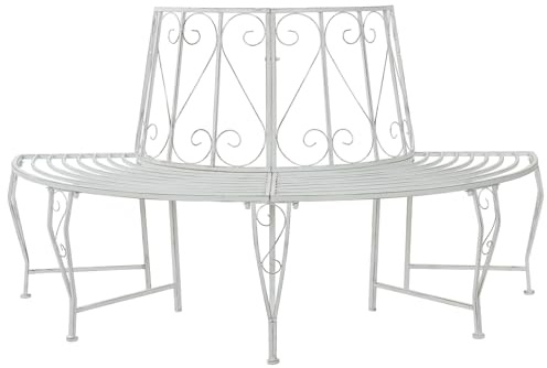 Holekex Trädbänk, 4-sits, 160 x 80 x 89 cm, stål, antik, vit, väderbeständig, med ryggstöd, halvcirkelformad, för trädgård, terrass, balkong, utomhus, sittplats, robust, hållbar