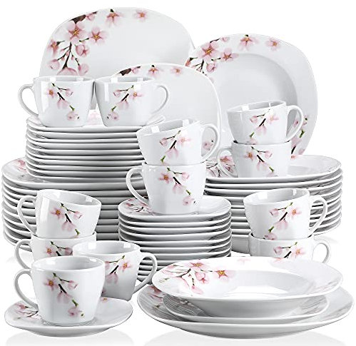 VEWEET Annie Service de table 60 pièces en porcelaine pour 12 personnes Motif floral Rose