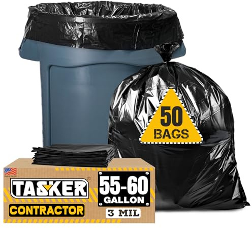Tasker Contractor Garbage Bags 55 Gallon, 3 Mil Black Contractor Garbage Bag (50 Bags w/Ties) Large 55 Gallon Trash Bags Heavy Duty Liners, Extra Large Trash Liners for Construction, Industrial Bag