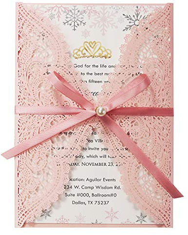 KUCHYNEE 20pcs inviti matrimonio Laser taglio bianco e rosa con Nastro Perla Invito a nozze per bambino nuziale doccia compleanno fidanzamento Quinceanera, 20 pezzi