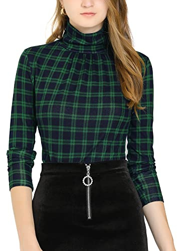 Allegra K Disfraz de Navidad Blusa A Cuadros con Cuello Alto para Mujer Verde M