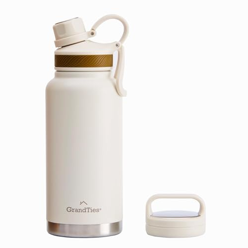 GrandTies 946ml Reise Wasserflasche - Wide Mouth Vakuum Isolierte Wasserflasche mit Zwei Stil Deckeln, kälteste Wasserflasche für Männer, Hydroflaschen für Frauen - Elfenbein Weiß