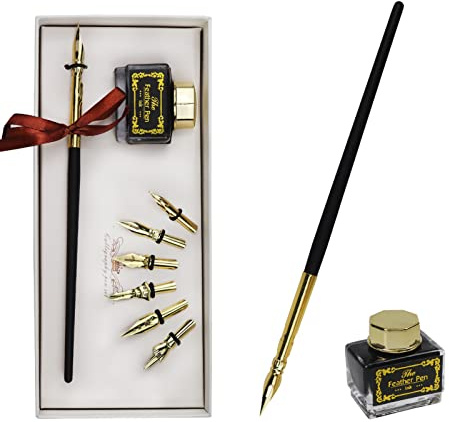 AOMAYLL Ensemble de stylos Calligraphie, étui d'écriture avec 7 Plumes et Encre Noire - Convient pour Signatures, Dessin, Ecriture, Décoration et Cadeau (Golden)