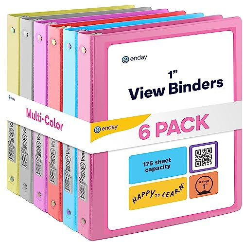 Enday 1 Inch Binder (6 Pack - Assorted Colors) 3 Ring Binder 1 inch with Clear View Cover and 2 Inside Pocket - for Letter Size 8.5 x 11'' Paper, Ideal for School Supplies, Office, and Home