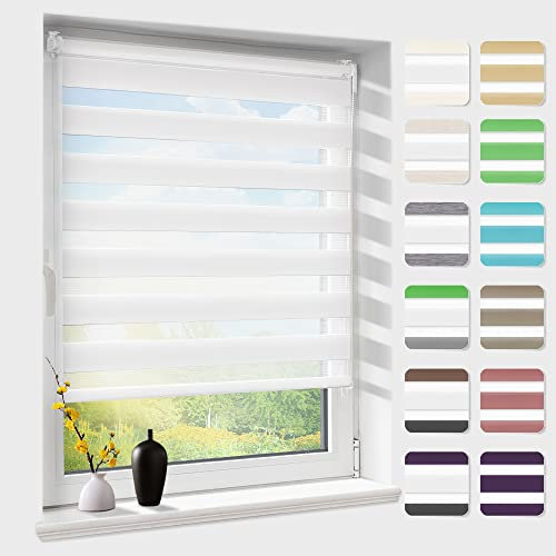 Doppelrollo klemmfix ohne Bohren, Duo Rollos für Fenster & Tür mit Bohren, Version 2025 Weiß B40 x H120cm (Stoffbreite 36cm), Fensterrollo lichtdurchlässig & verdunkelnd, Klemmrollo Sonnenschutz