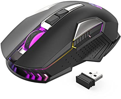 MAGIC-REFINER Ratón Inalámbrico para Juegos, X18-G502 2.4G Ratón para Computadora Silent Click con Receptor USB, Óptico 2400 dpi, 7 Luces RGB, Batería Recargable, para PC/Mac - Negro