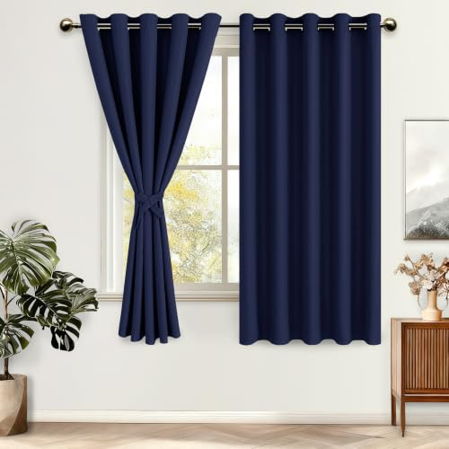 DWCN Navy Blue Blackout Curtains with Tiebacks for Bedroom Thermal Insulated Solid Eyelet Curtains for Living Room,2 Panels,66 Wide x 72 Drop