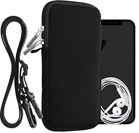 kwmobile Handytasche für Smartphones XXL - 7 - Neopren Handy Hülle Schwarz mit Kordel - Handy Tasche mit Handykette 17,7 x 8,5 cm Innenmaße