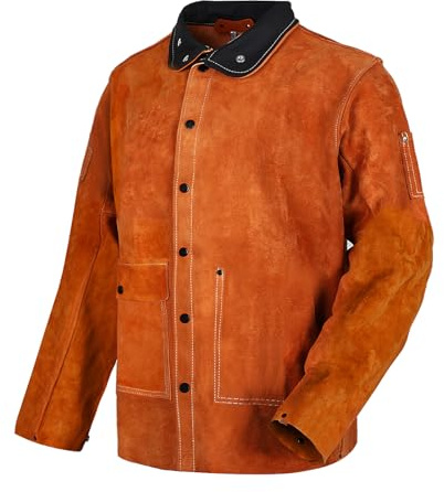 QeeLink Chaqueta de Trabajo de Soldadura de Cuero, Chaqueta para Soldador Ignifuga Robusto, Ropa Cuero Soldadura Cazadora Soldador para Hombre Mujere