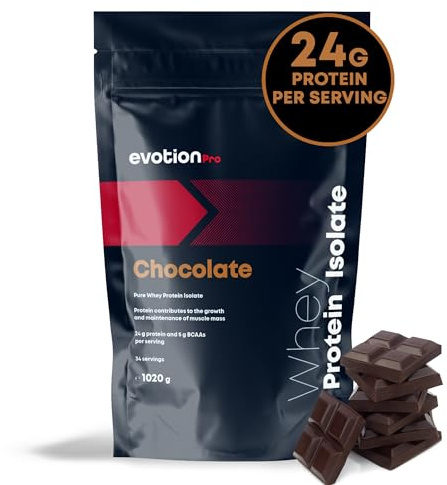 EVOTION PRO - Whey Proteinisolate (1020 g), 24 g BCAA-protein, isolerat proteinpulver, före och efter träning, Whey protein för muskelmassa, Muskelåterställare - Chokladsmak