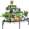 GOPLUS 3 Ebenen Metall Pflanzenständer, Blumentreppe Outdoor, Blumenregal Pflanzentreppe für Garten Balkon, schwarz, 60 x 60 x 61cm (Fächerförmig-mit Muster)