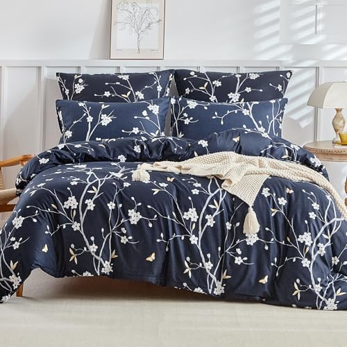Lekesky Dark Blue Double Duvet Cover Set Floral Bedding Set Botanical Flowers Print Duvet Set for Double Bed (1x Quilt Cover, 2x Pillowcases) Ultra-Soft Microfiber Blue Bedding