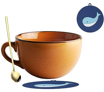 hengshukeji 700 ML Large Ceramic Coffee Mug with Coaster and Spoon，Grain Soup Cup/Coffee Mug/Salad Bowl for Coffee, Tea, Ice Cream, Cereal (Orange-Yellow)