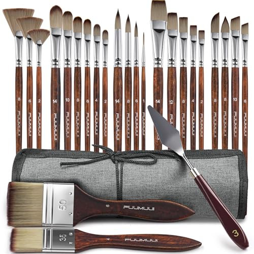 Professional Synthetic Acrylic Paint Brushes-25PCS Multi-Shaped for Artists-Flat, Filbert, Fan, Cat Tongue, Round, Angle, Rigger