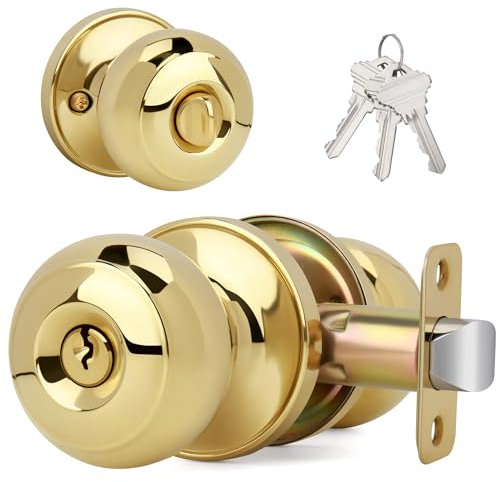 LOQRON Bouton de porte rond plat avec clés et serrure, poignée de porte d'entrée à clé ronde pour porte d'entrée/d'entrée, finition laiton poli