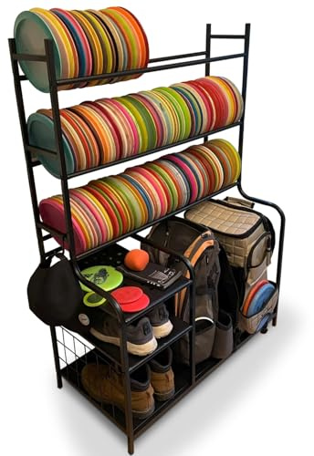 Disc Golf Storage Rack, Disc Station Organizer, Disc Golf Shelf, Disc Sport Equipment Accessories Storage, Frisbee Disc Golf Bag Basket Organizers for Home Garage Basement, Metal Stand Shelves, Black