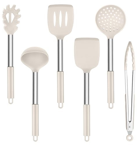TEAMFAR Küchenhelfer Set, 6 Stück Silikon Küchenutensilien Set mit Edelstahlgriff, Hitzebeständiger Antihaft Kochbesteck Küchenset zum Kochen, Khaki